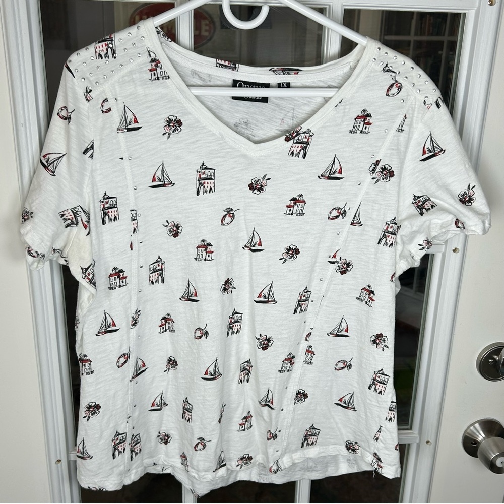 Onque Casuals White Nautical Short Sleeve Tee Lighthouse Sailboats